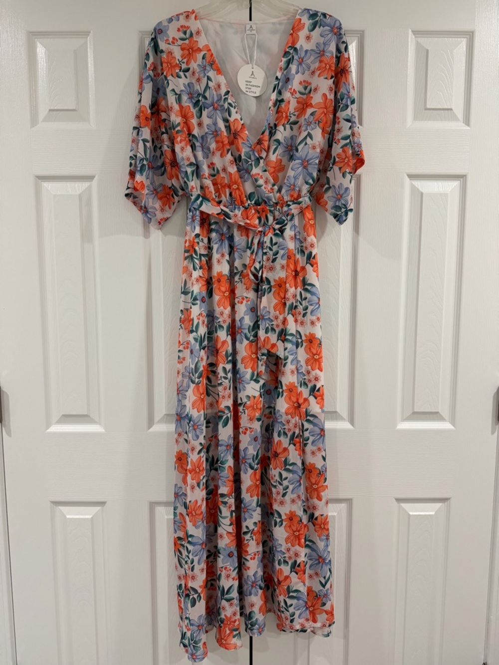 Floral Wrap Maxi Dress - White with Orange & Lavender Flowers